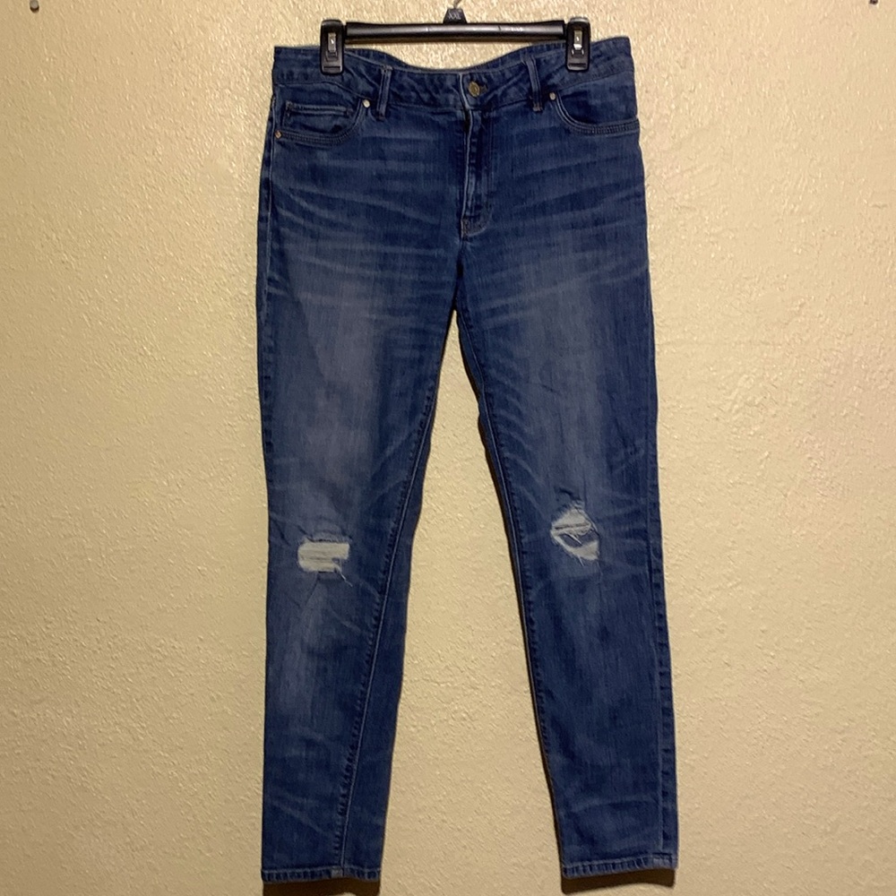 White House Black Market Jeans 12 Blue Stretchy Skinny Mid Rise Ripped Cotton